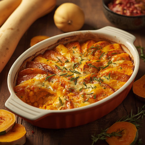 Baked butternut squash gratin with herbs in white oval dish, surrounded by fresh squash and ingredients on wooden table