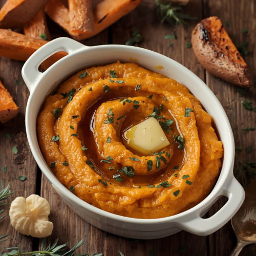 Purée crémeuse dans un bol blanc avec noisette de beurre et herbes, entourée de tranches de pain et ail sur table en bois