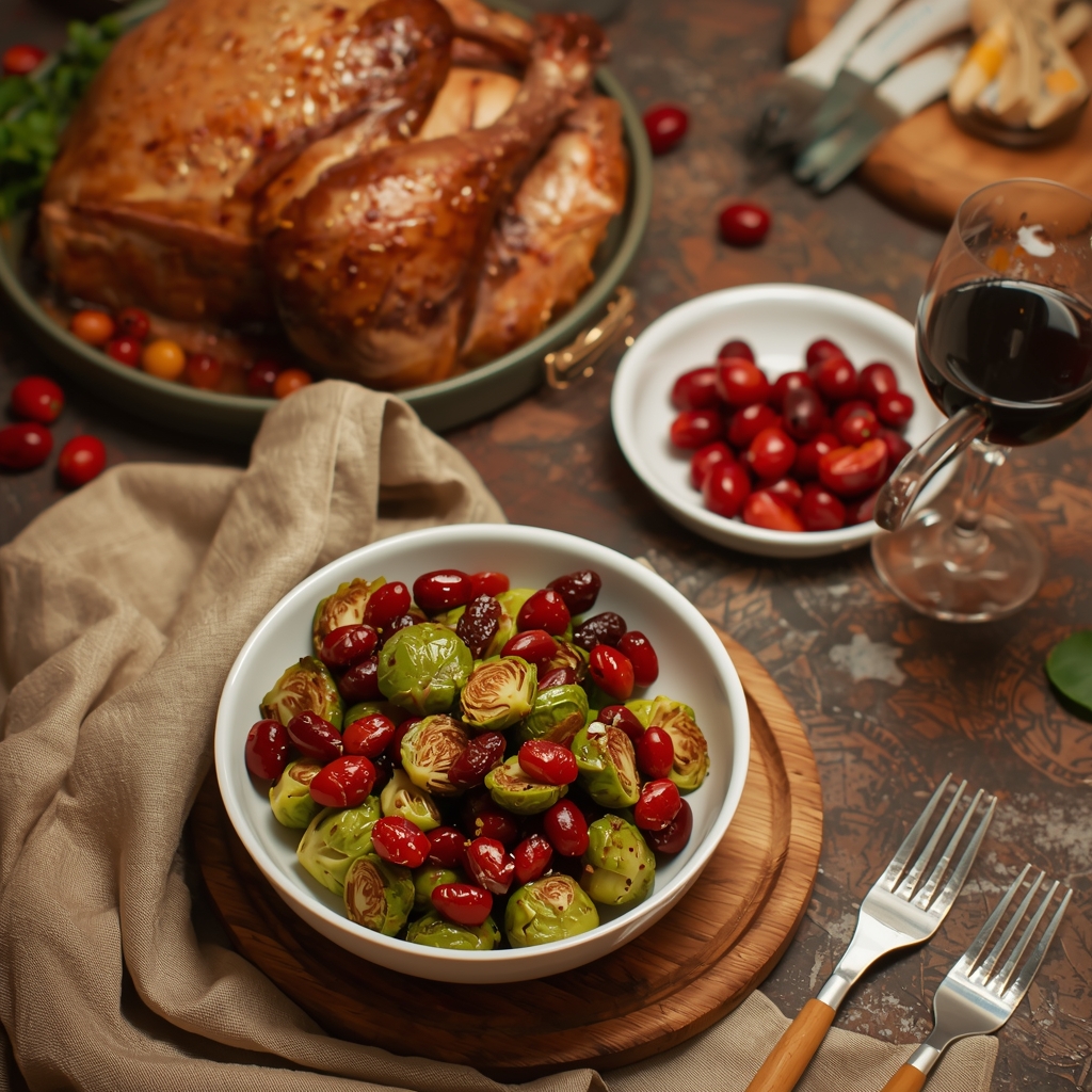 Balsamic Roasted Brussels Sprouts with Pecans | Thanksgiving side dish | Bona Sanitas 4 Thanksgiving table spread with balsamic Brussels sprouts as featured side dish