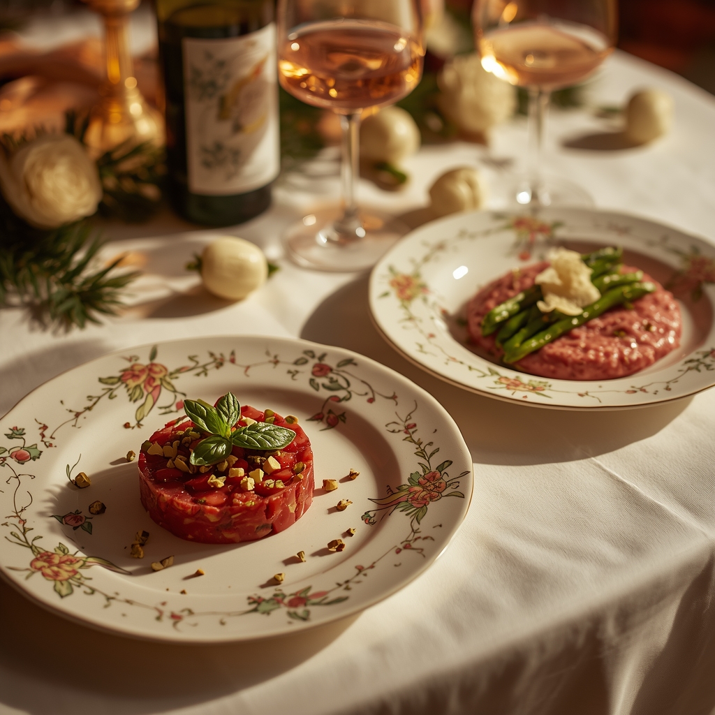 Complete vegan végane Valentine's Day menu with 3 aphrodisiac courses - avocado tartare, pink risotto, chocolate fondant