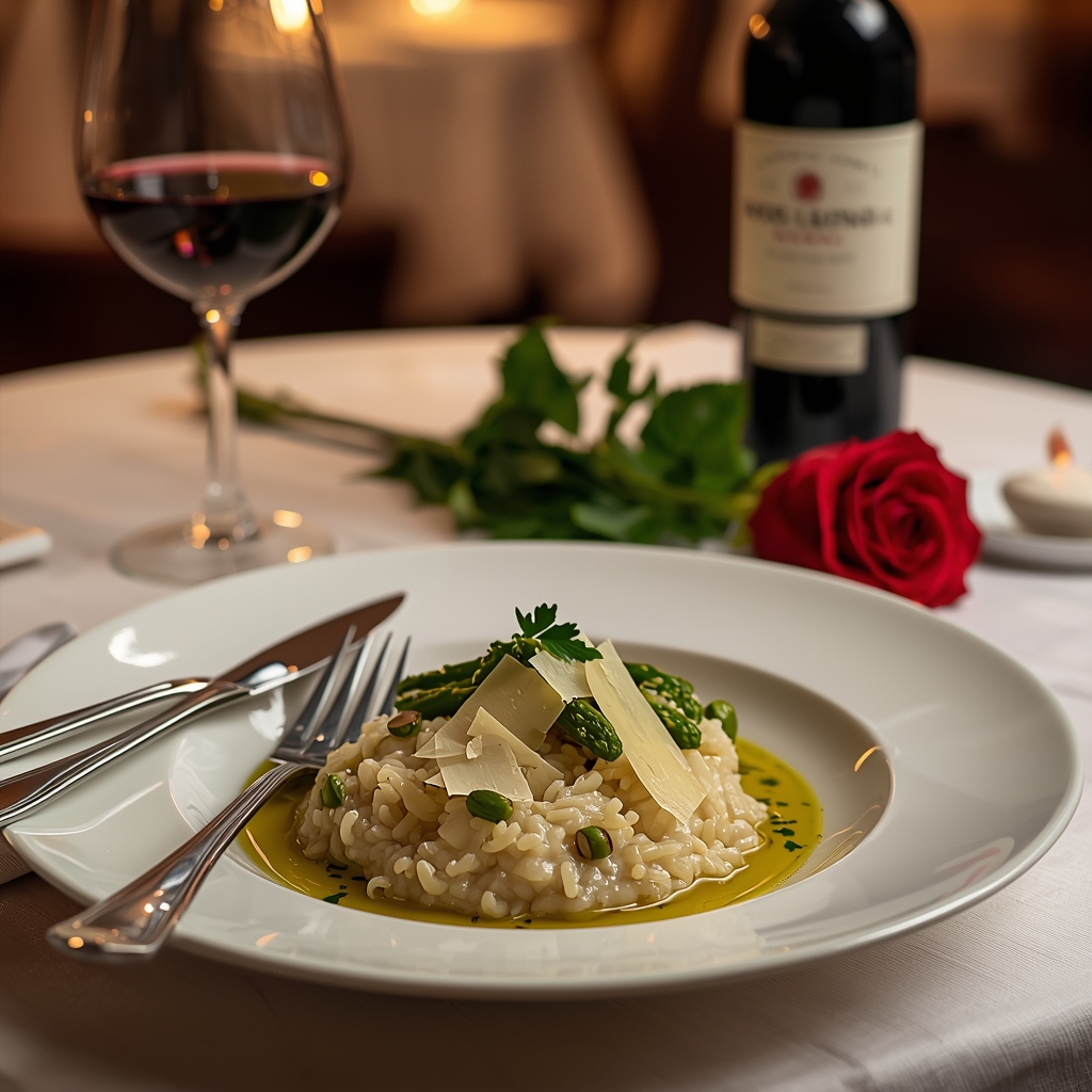 Creamy white truffle risotto with green asparagus and parmesan for romantic main course