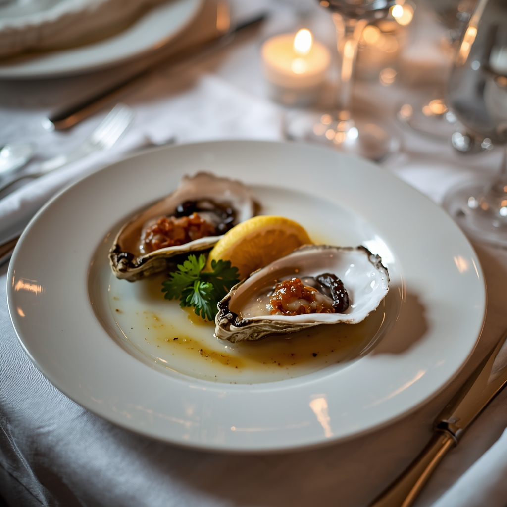 Fresh opened oysters with shallot mignonette and lemon for romantic appetizer