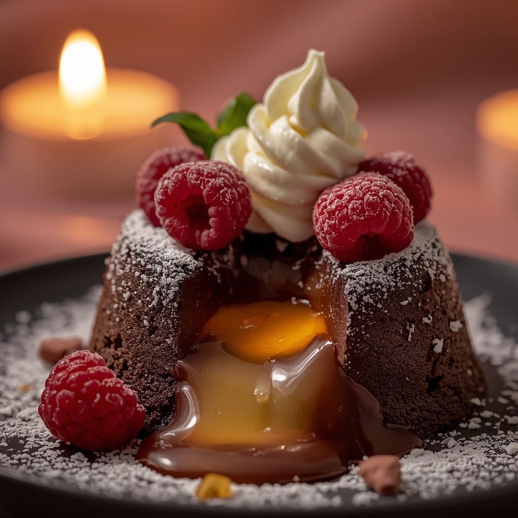 Fondant au chocolat noir coulant avec framboises fraîches et crème fouettée pour dessert romantique