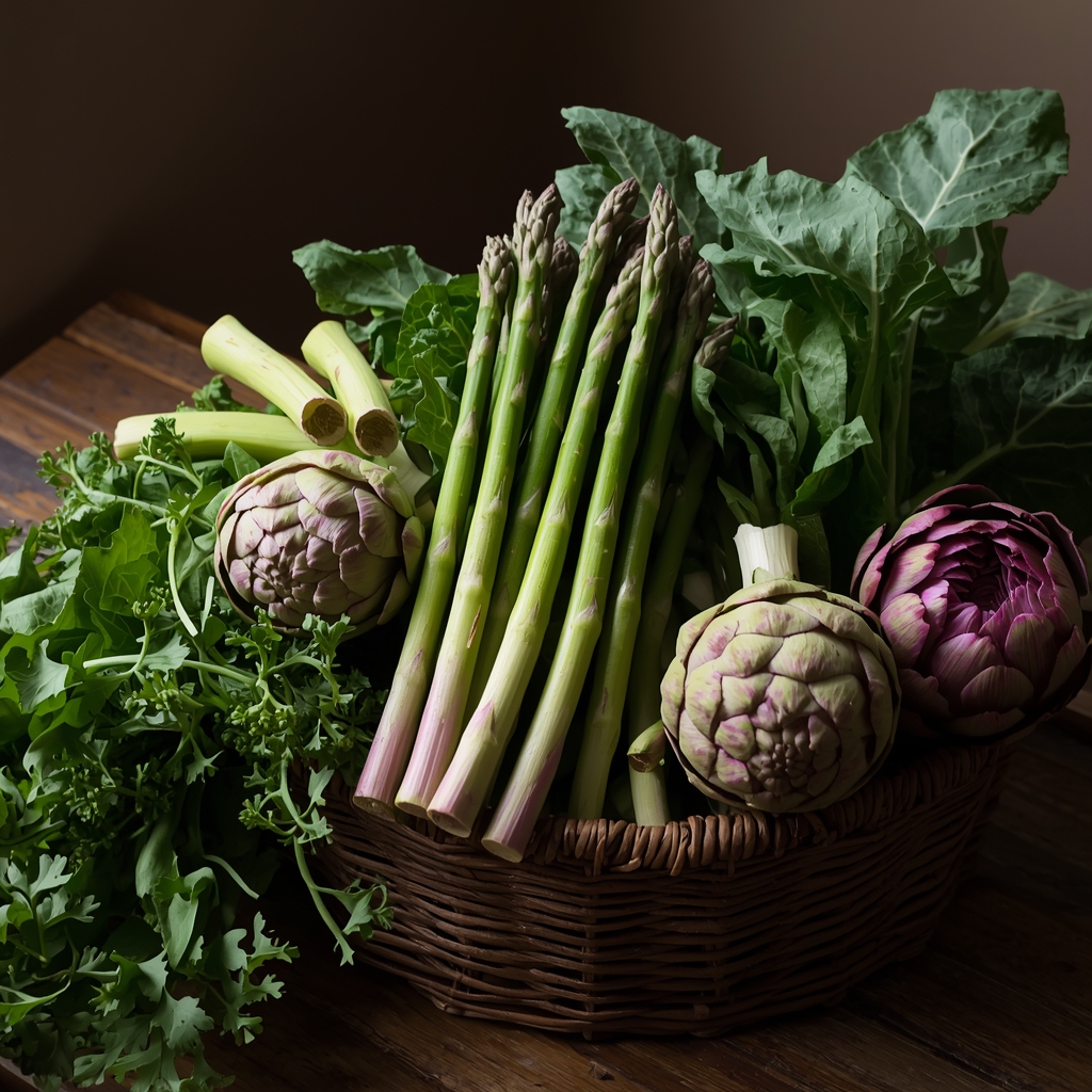 Detox Primavera & Renovación: Guía Completa Natural 2 Variedad colorida de verduras detox primaverales incluyendo espárragos, alcachofas, rábanos y hojas verdes