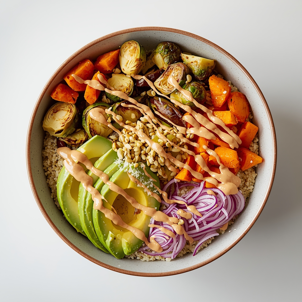 Buddha Bowl Quinoa-Avocat : Recette Complète et Équilibrée | Bona Sanitas 4 Magnifique buddha bowl assemblé avec tous composants quinoa avocat légumes graines tahini repas équilibré parfait