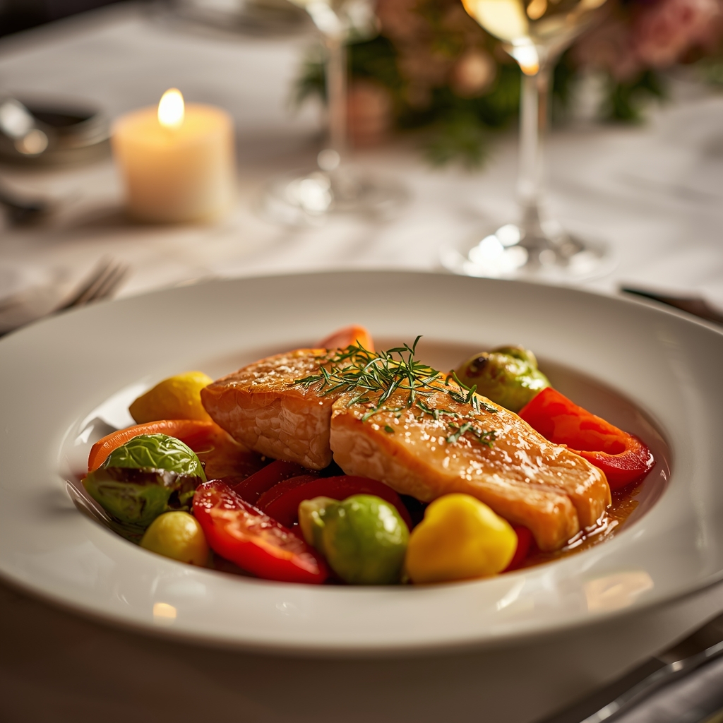 30-Minute Romantic Express Dinner: Quick Healthy Recipes | Bona Sanitas 2 Elegantly plated salmon en papillote with colorful vegetables romantic dinner presentation