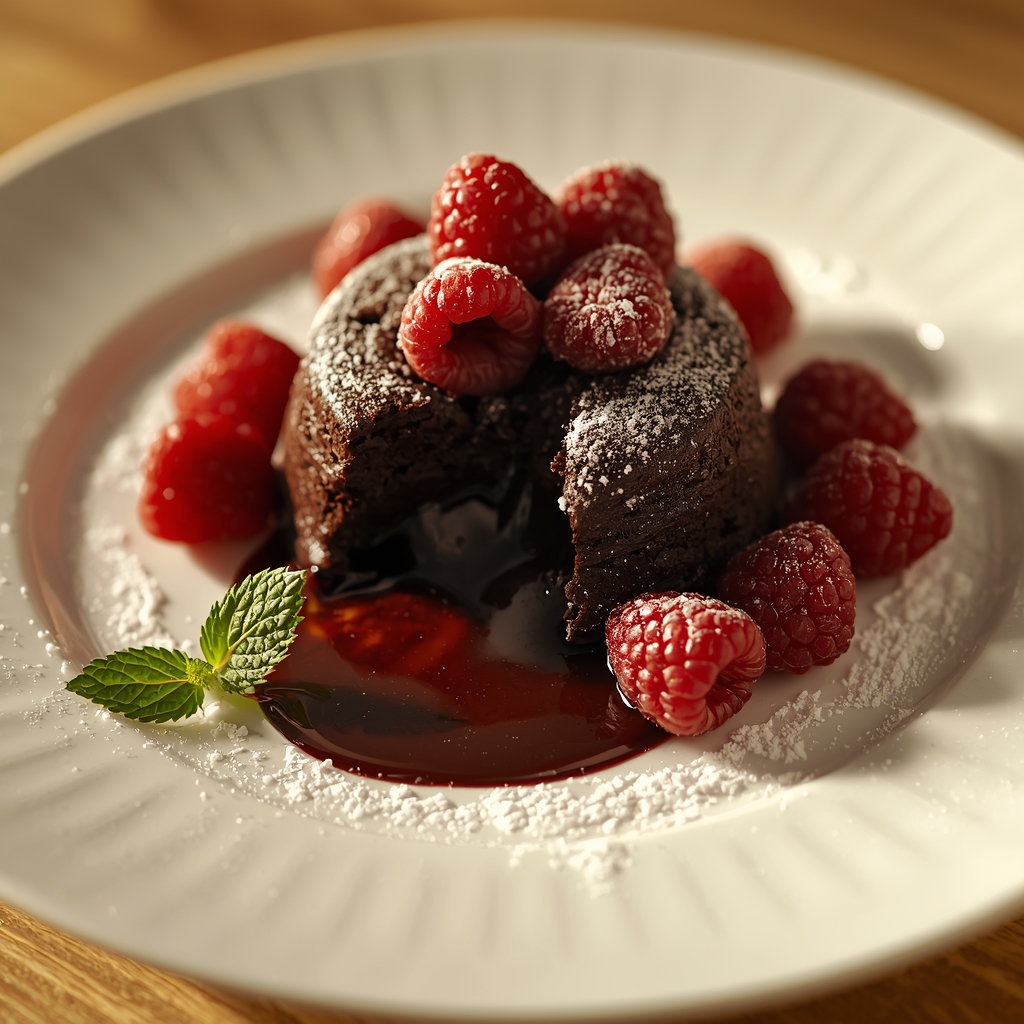 Postres Sensuales de Chocolate Negro Saludable: 5 Recetas Afrodisíacas | Bona Sanitas 2 Pastel de lava de chocolate negro con centro líquido fluyendo sobre el plato adornado con frambuesas frescas