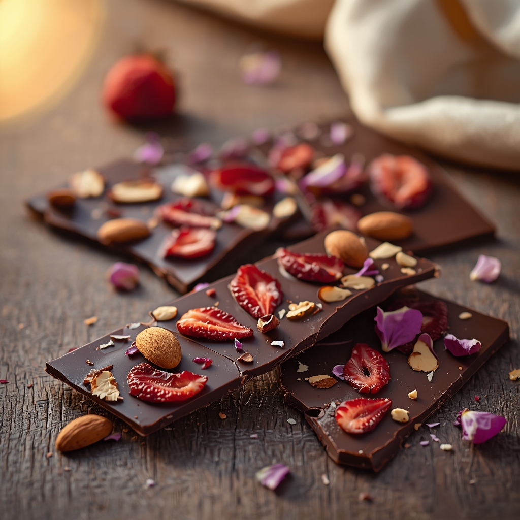 Desserts Chocolat Noir Santé et Sensualité : 5 Recettes Aphrodisiaques | Bona Sanitas 3 Écorce de chocolat noir avec fraises lyophilisées, amandes et pétales de rose cassée en éclats élégants