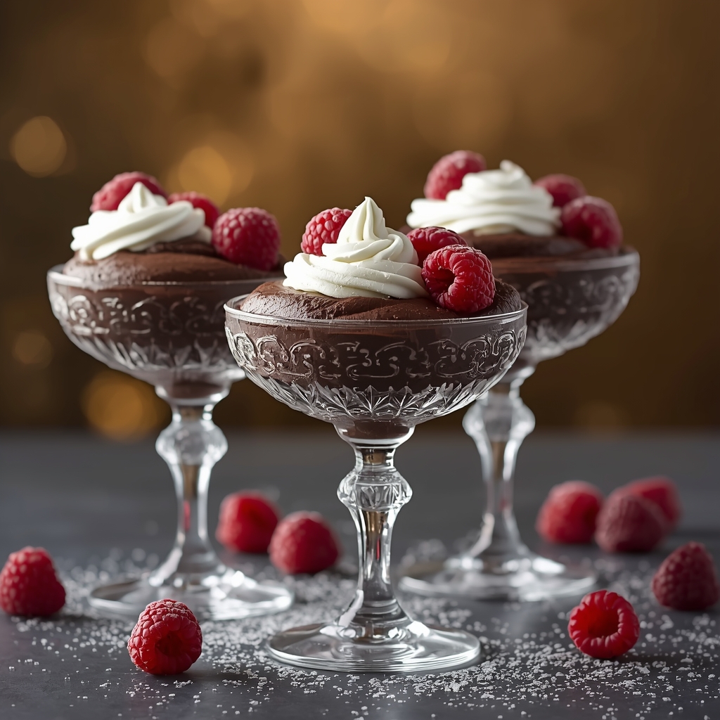 Desserts Chocolat Noir Santé et Sensualité : 5 Recettes Aphrodisiaques | Bona Sanitas 4 Mousse soyeuse au chocolat noir et avocat dans des verres élégants garnie de framboises et crème fouettée
