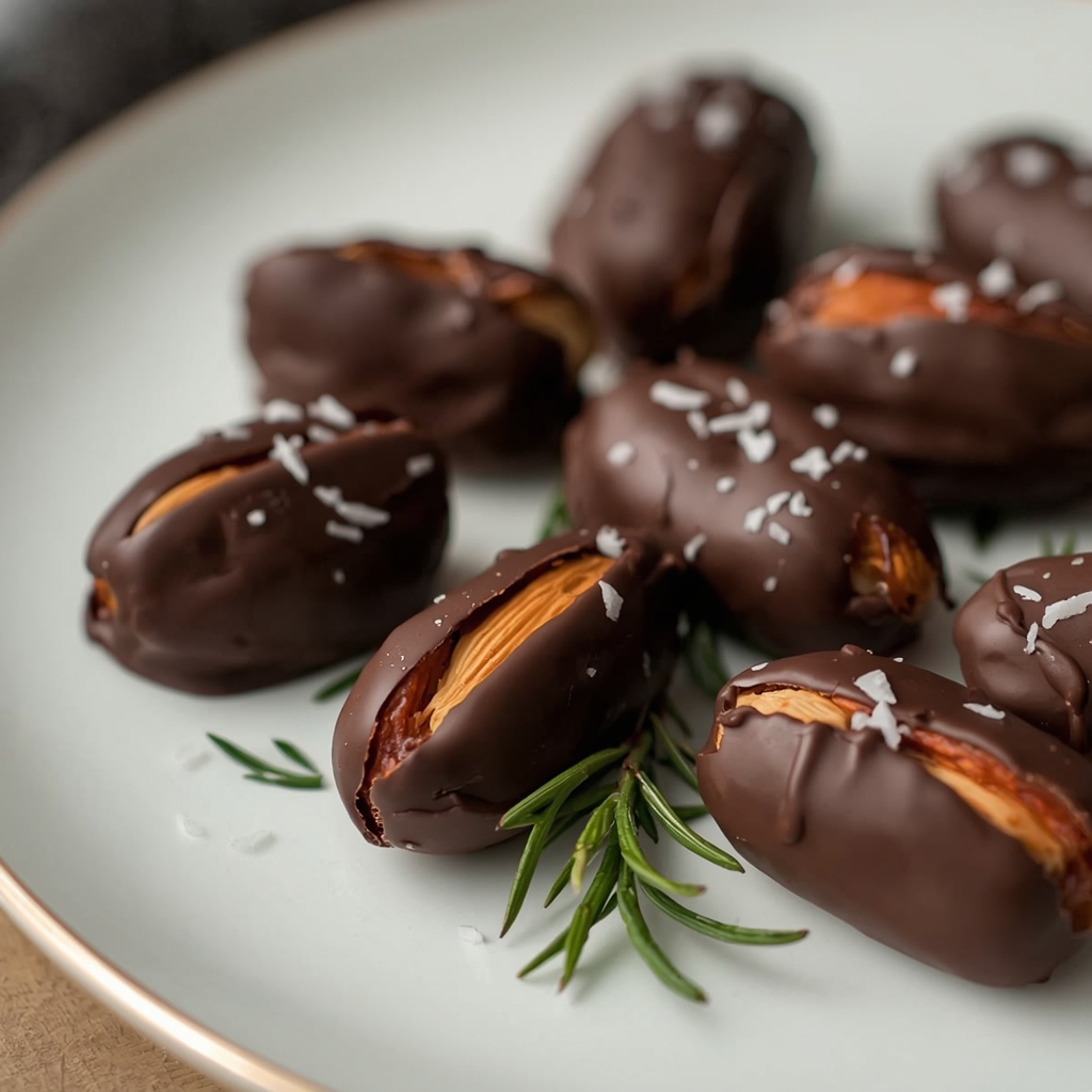 Postres Sensuales de Chocolate Negro Saludable: 5 Recetas Afrodisíacas | Bona Sanitas 5 Dátiles rellenos con almendra cubiertos de chocolate negro dispuestos elegantemente en plato con guarnición de sal marina