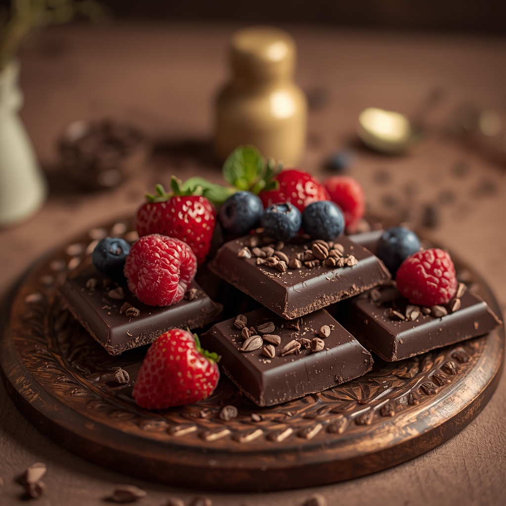 Top 10 Aliments Aphrodisiaques Validés par la Science | Bona Sanitas 3 Carrés de chocolat noir de haute qualité avec éclats de cacao et baies fraîches