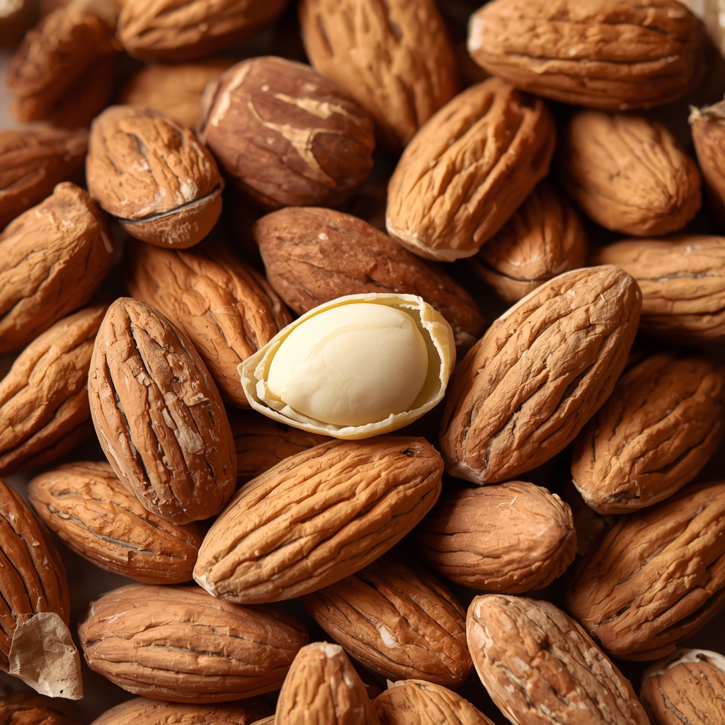 Raw almonds with some blanched showing lighter interior