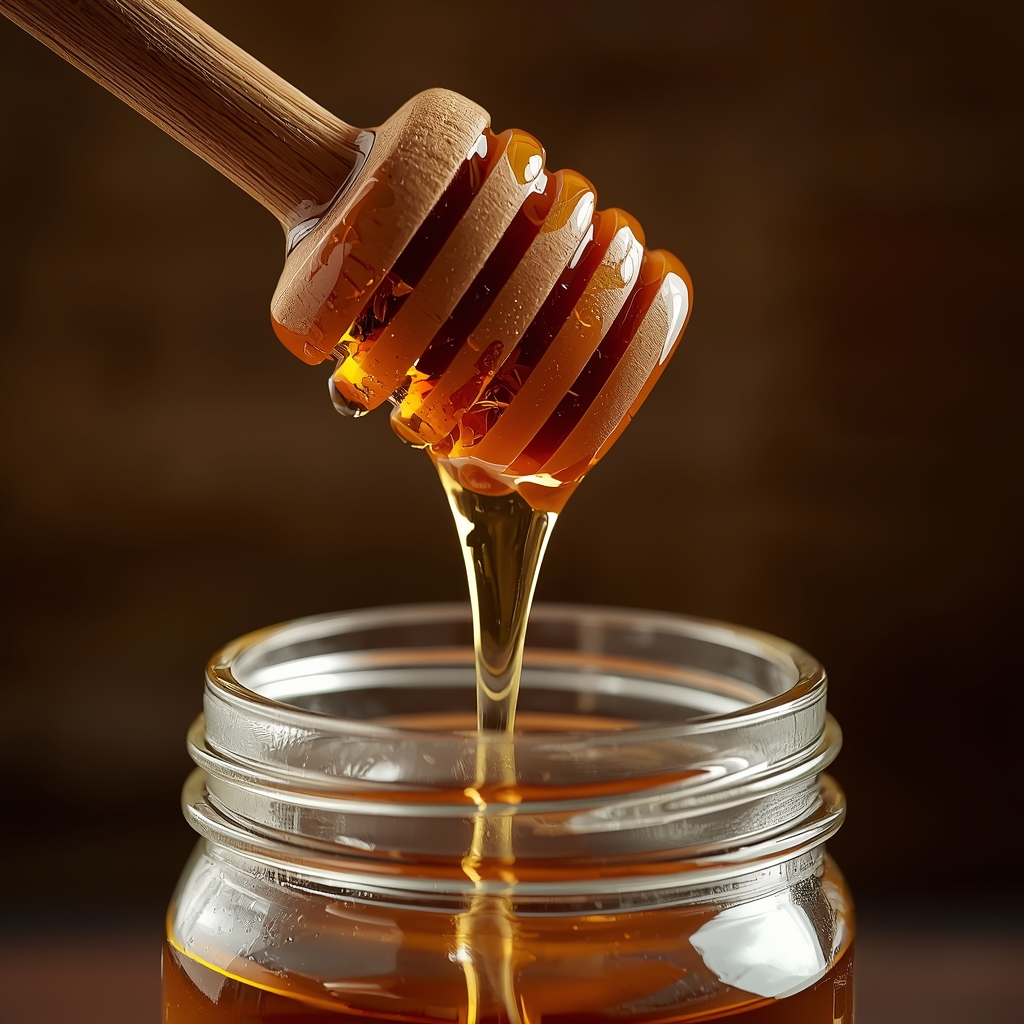 Raw golden honey dripping from wooden dipper into glass jar