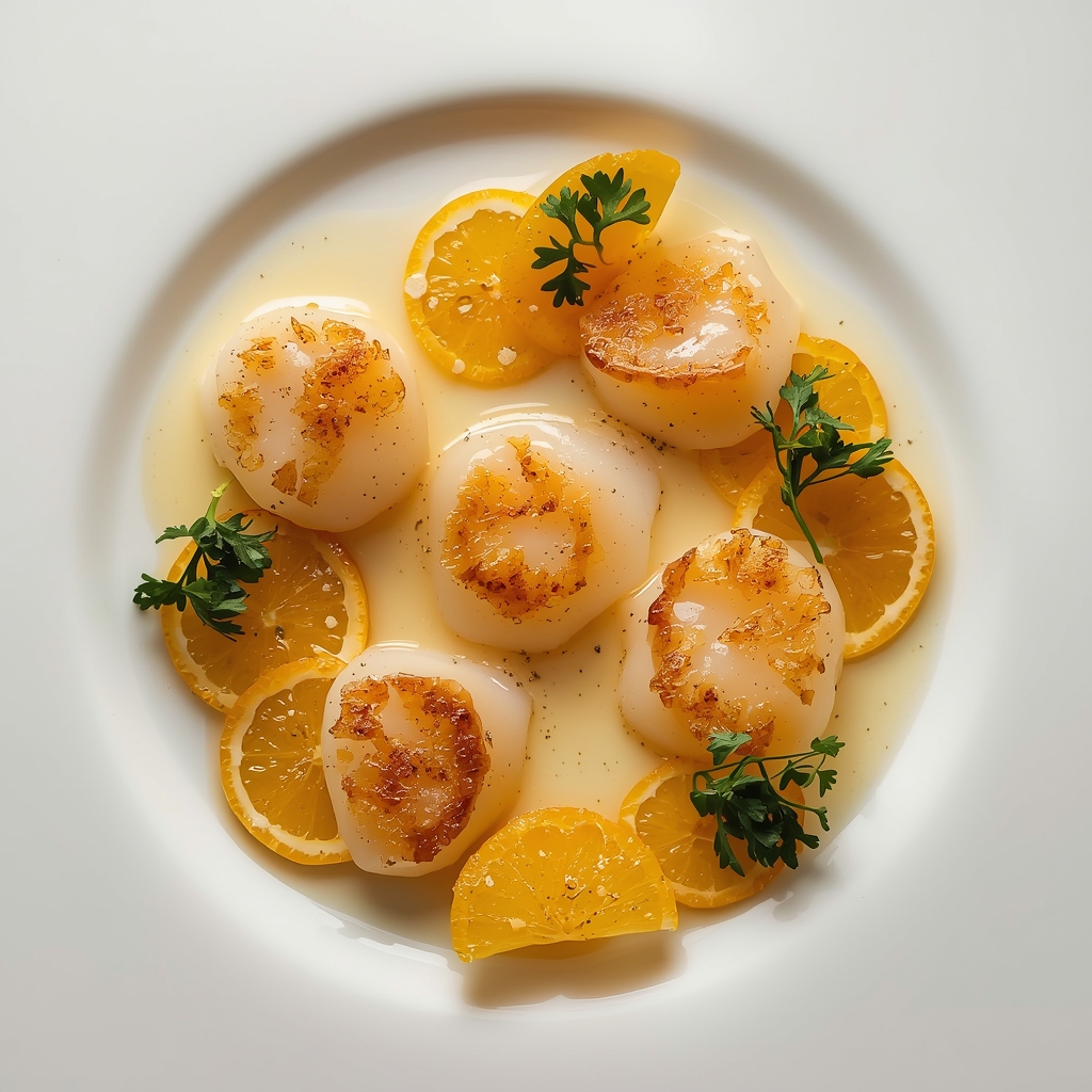 Elegante carpaccio de vieiras dispuesto en plato blanco con segmentos de cítricos y decoración de hinojo