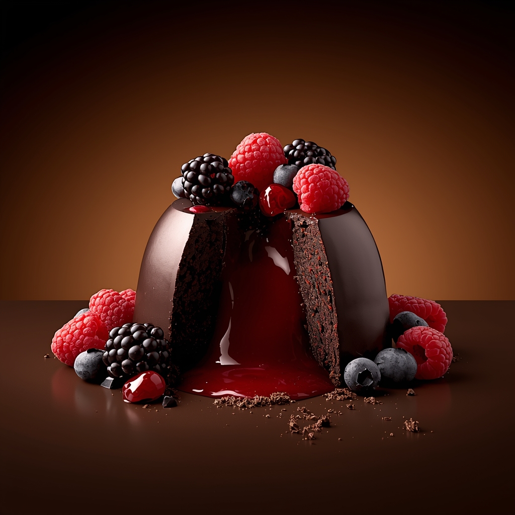 Fondant au chocolat individuel cassé ouvert avec cœur coulant à la framboise s'écoulant garni de baies fraîches