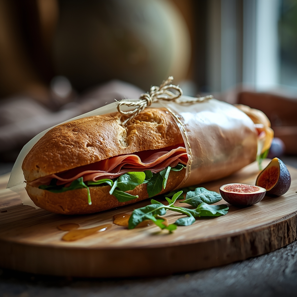 Elegant prosciutto fig and arugula sandwich on fresh baguette wrapped in parchment paper