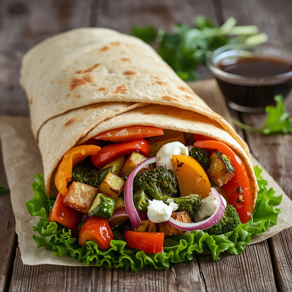 Colorful vegetable wrap with goat cheese cut to show vibrant roasted vegetables inside