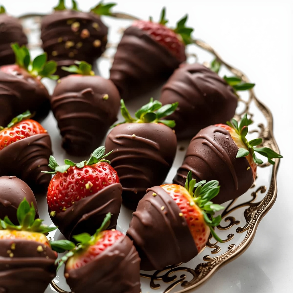 Dark chocolate dipped strawberries arranged elegantly with some garnished with crushed pistachios