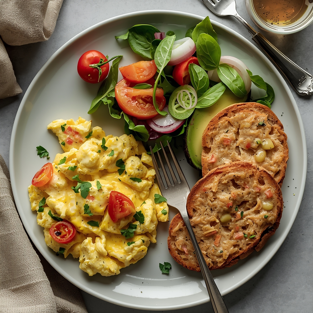 Les Œufs : Du Diable Nutritionnel au Super-Aliment | Bona Sanitas 3 Assiette petit-déjeuner nutritif avec œufs brouillés légumes frais avocat et pain grains entiers