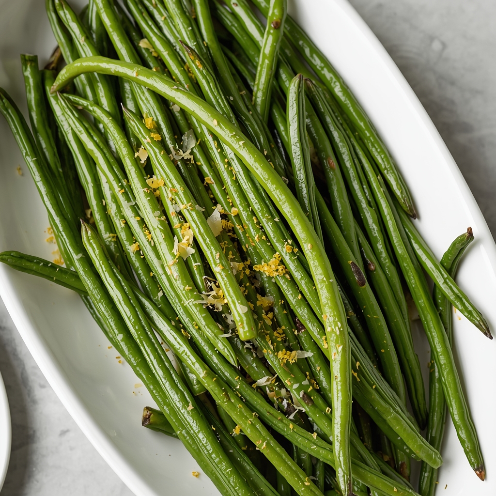 Judías verdes verde brillante con ajo dorado y ralladura limón en plato servir blanco