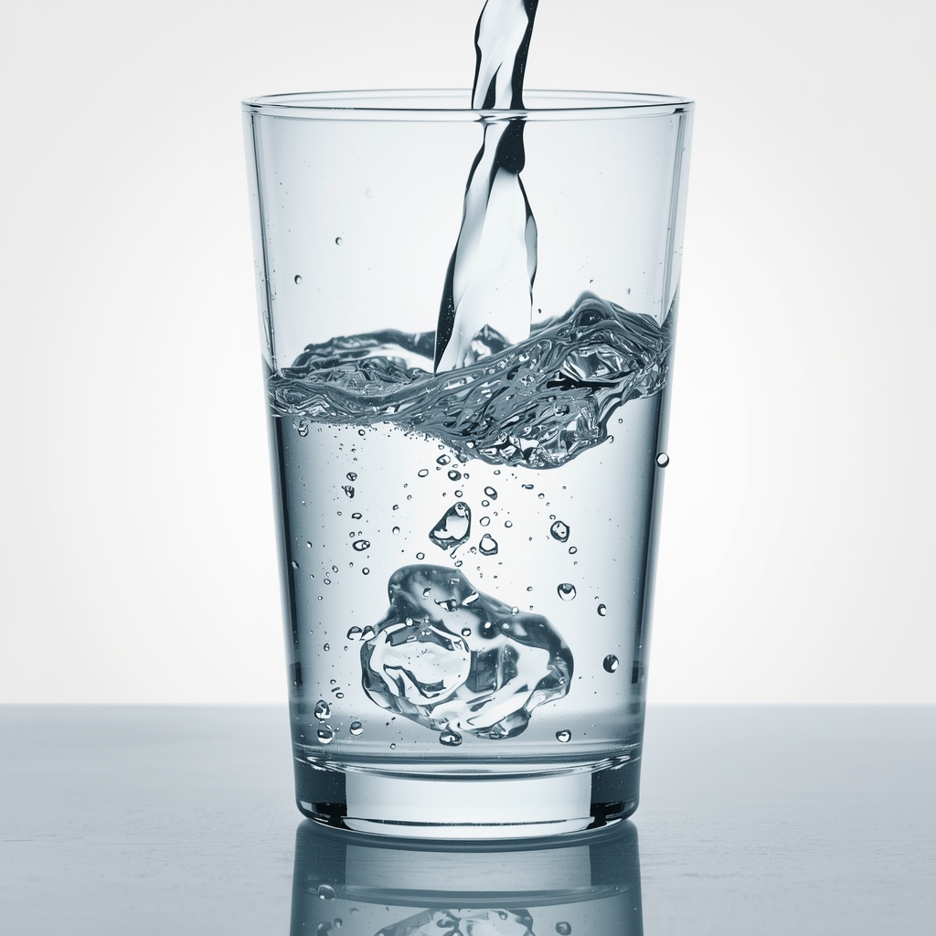 Eau claire versée dans verre avec gouttes d'eau représentant hydratation équilibrée