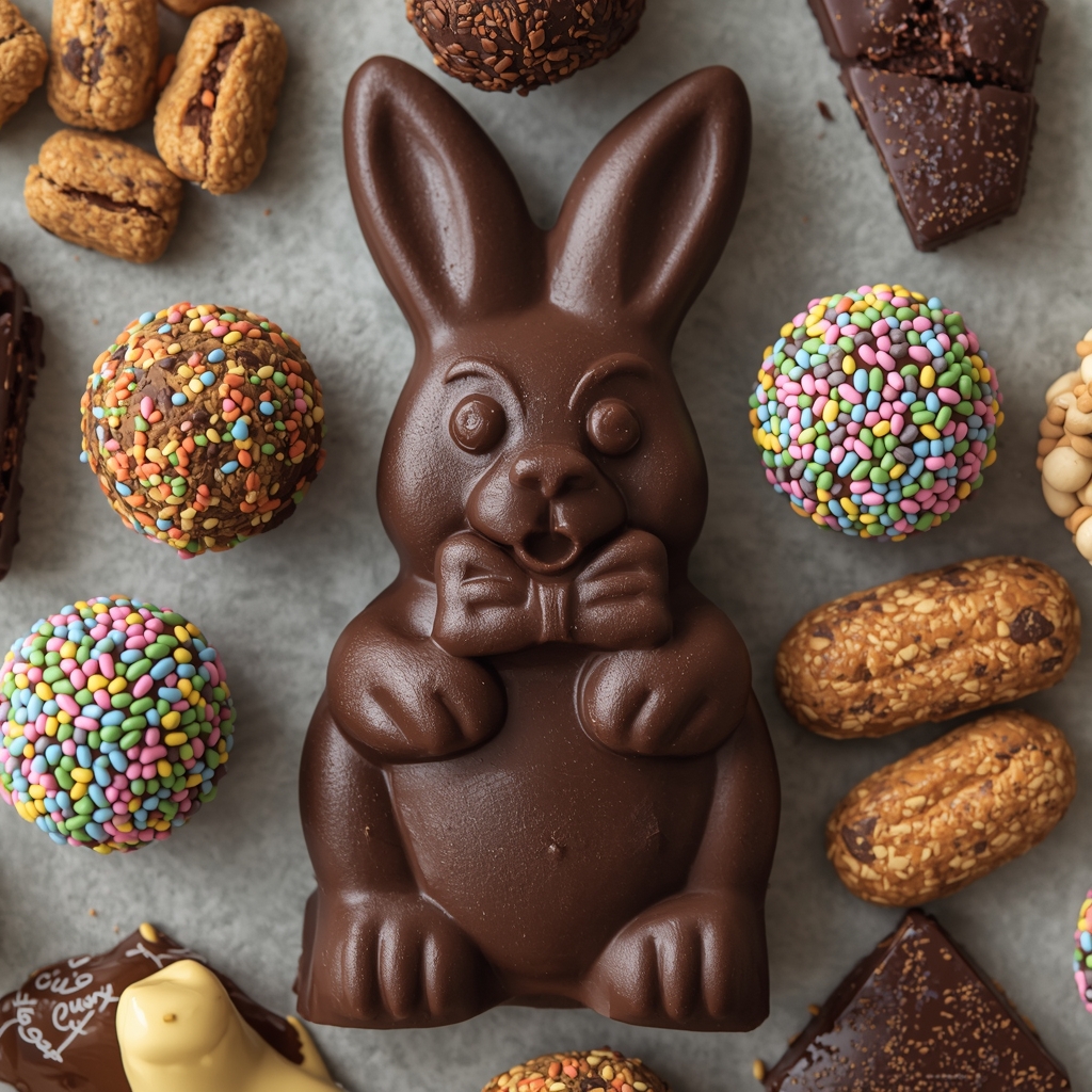 Healthy Vegan Easter Basket Ideas | Plant-Based Easter Gifts 2 Close-up of vegan Easter treats including chocolate bunnies, energy balls, and natural candies