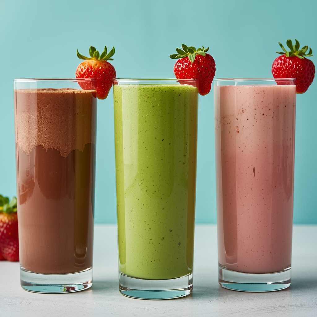 Three colorful smoothies in glasses - chocolate brown, bright green, and pink strawberry