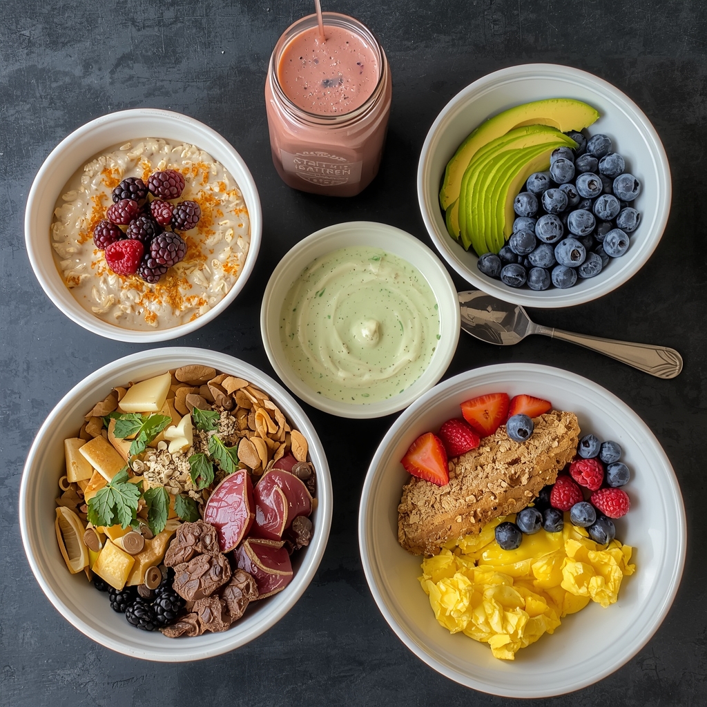 Five healthy breakfast bowls arranged on table - overnight oats, smoothie, avocado toast, yogurt, scrambled eggs