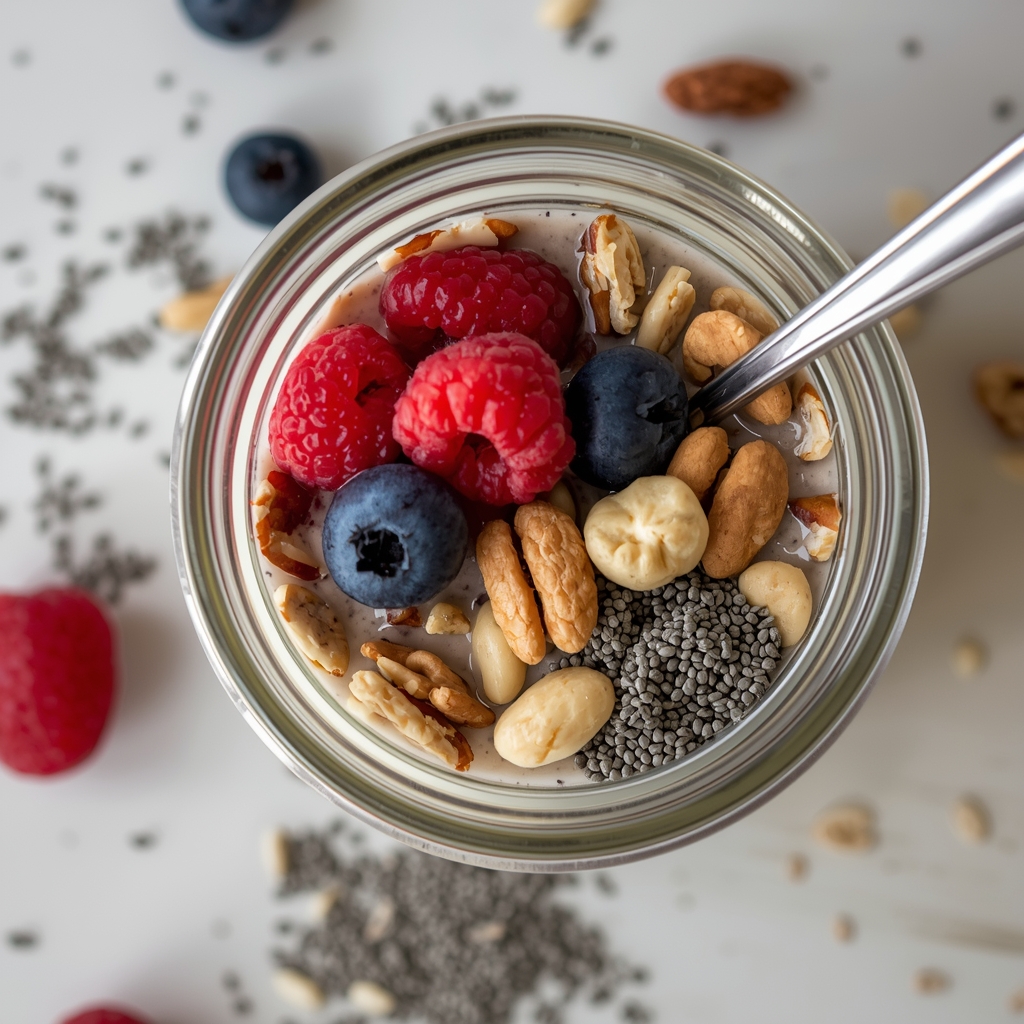 Overnight oats in mason jar with fresh berries, nuts, and chia seeds