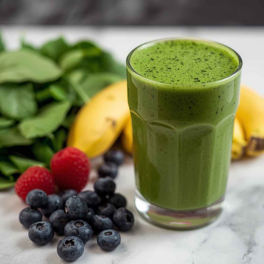 Green smoothie in glass next to fresh spinach, banana, and berries ingredients