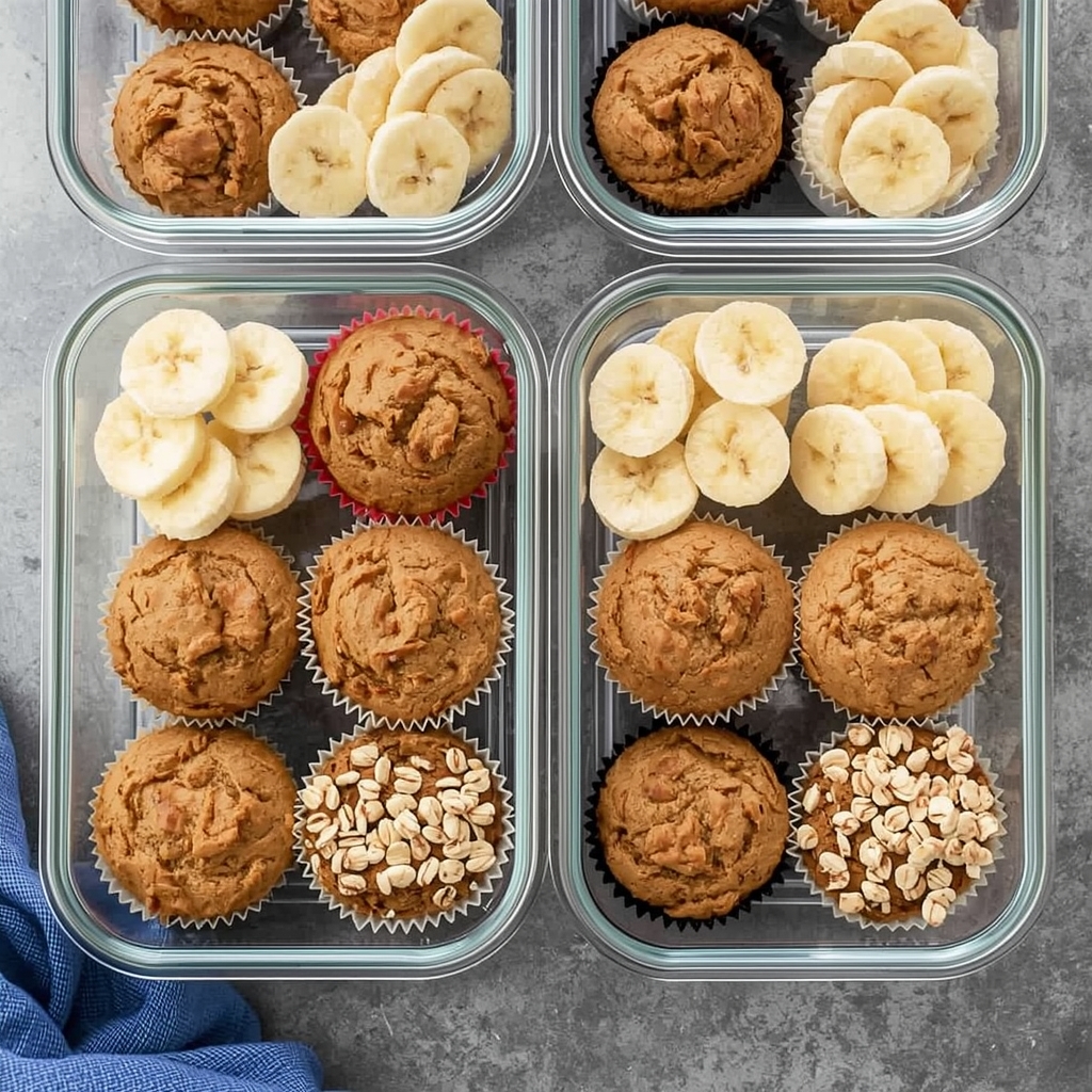 Healthy Banana Oat Muffins – Naturally Sweet & Nutrient-Rich | Bona Sanitas 4 Meal prep containers with banana oat muffins packed for grab-and-go healthy breakfast and snacks