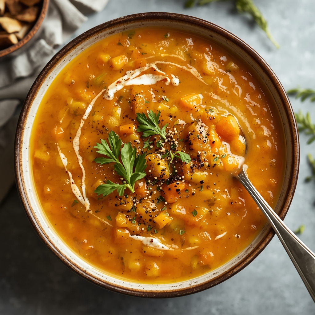 Lentil and Carrot Soup – Warm, Nutritious & Comforting Recipe | Bona Sanitas 2 Creamy orange lentil carrot soup in rustic bowl garnished with fresh herbs and black pepper