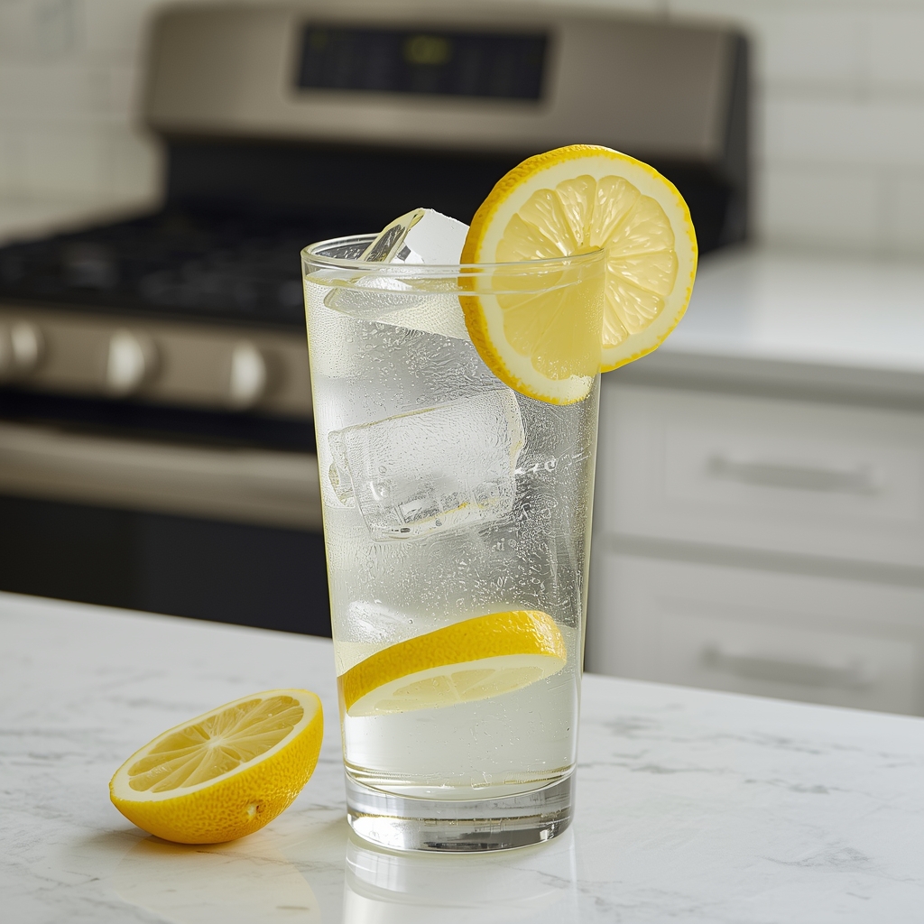 Tall glass lemon water with ice cubes and fresh lemon slices on kitchen counter