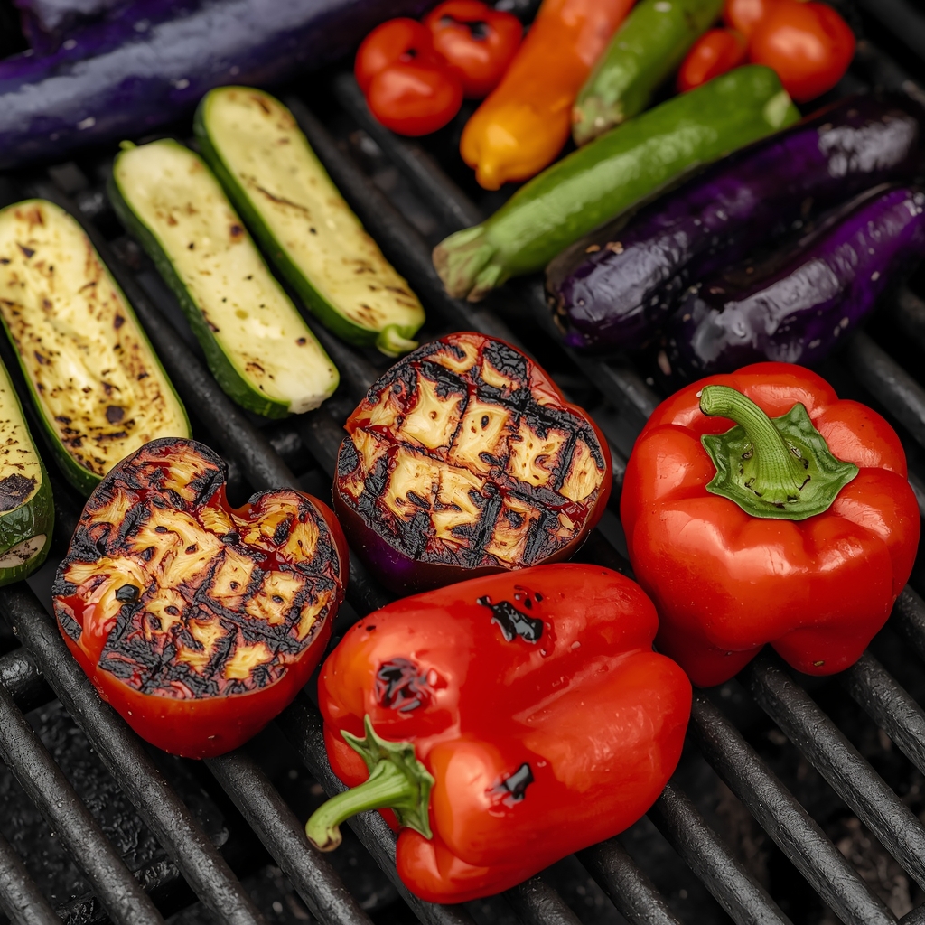 Colorful vegetables on grill - zucchini, red peppers, eggplant with beautiful char marks and caramelization