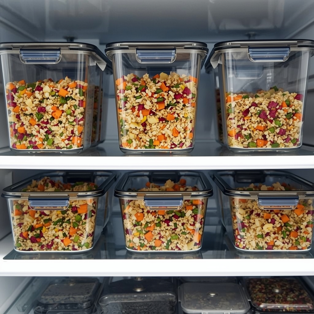 Glass meal prep containers filled with colorful quinoa salad, organized in refrigerator for healthy week lunches