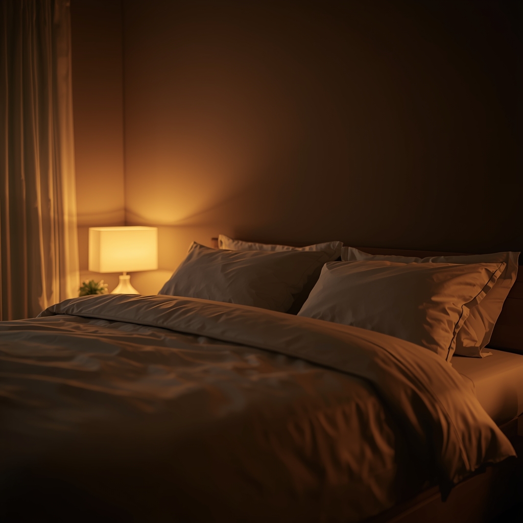 7 Natural Ways to Sleep Better – Improve Rest & Reduce Insomnia | Bona Sanitas 2 Peaceful bedroom at night with dim warm lighting, comfortable bed with white linens, creating calm sleep environment