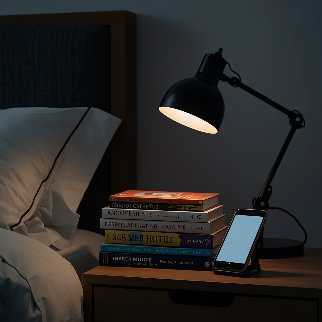 7 Natural Ways to Sleep Better – Improve Rest & Reduce Insomnia | Bona Sanitas 3 Stack of books on bedside table with reading lamp, phone placed far away, promoting screen-free bedtime routine