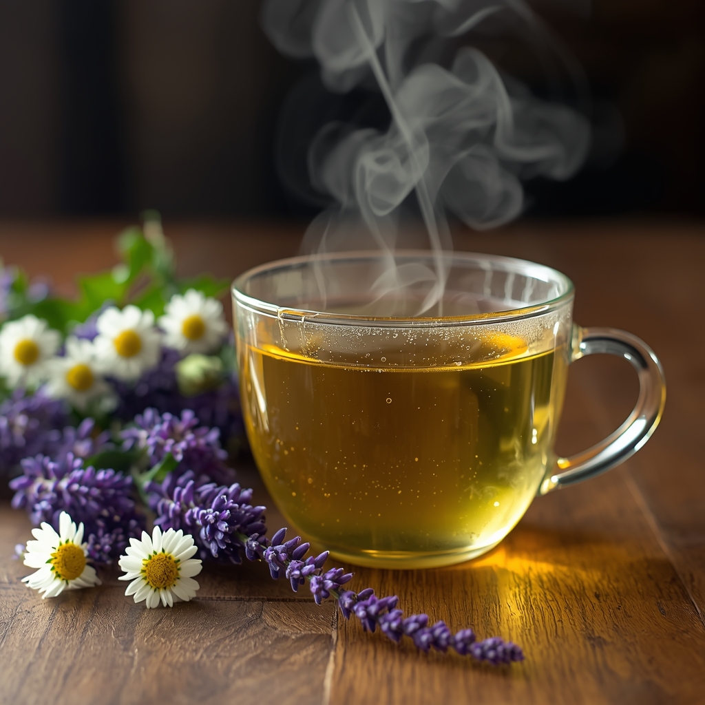 7 Natural Ways to Sleep Better – Improve Rest & Reduce Insomnia | Bona Sanitas 4 Steaming cup of chamomile tea on wooden table with fresh chamomile flowers and lavender sprigs nearby