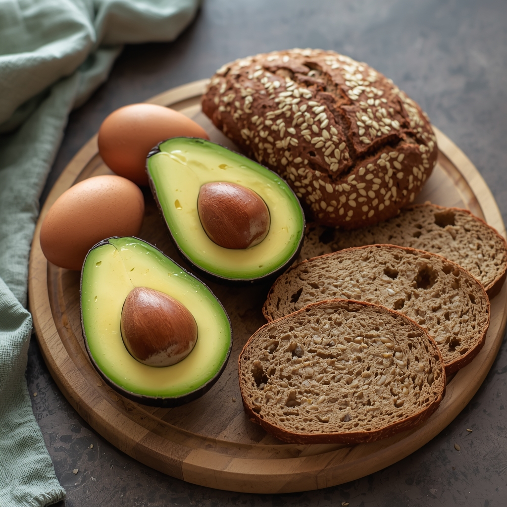 Tostada de Aguacate y Huevo – Desayuno Rápido y Nutritivo | Bona Sanitas 3 Mitades de aguacate maduro fresco junto a huevos marrones y pan integral en tabla de cortar de madera