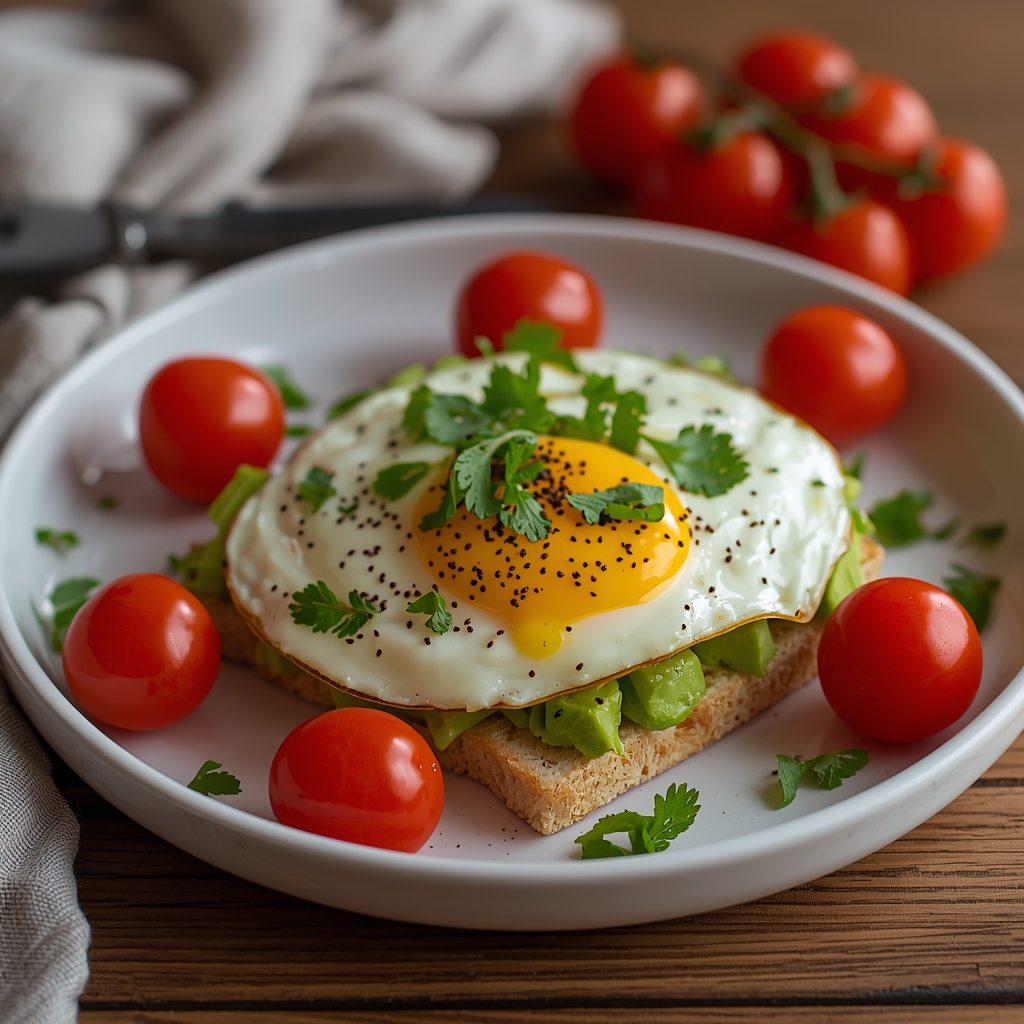 Tostada de Aguacate y Huevo – Desayuno Rápido y Nutritivo | Bona Sanitas 4 Tostada de aguacate y huevo en plato con tomates cherry y aderezo de hierbas frescas
