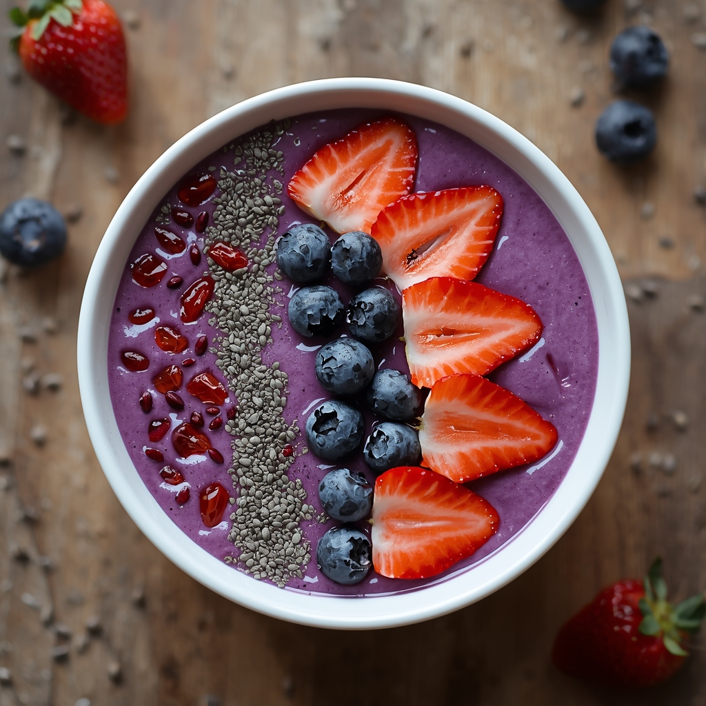 ibrant purple berry smoothie bowl topped with fresh strawberries blueberries and chia seeds in white ceramic bowl