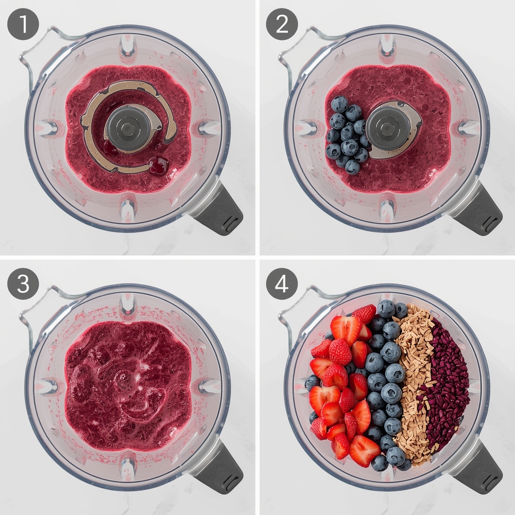 Overhead view of berry smoothie bowl preparation showing blending process and topping arrangement