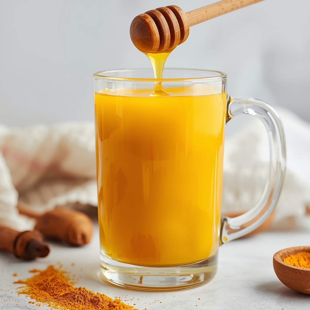 Bebida de Cúrcuma y Miel – Receta Natural de Bienestar | Bona Sanita 2 Bebida dorada amarilla de cúrcuma y miel en taza de vidrio con chorrito de miel y polvo de cúrcuma