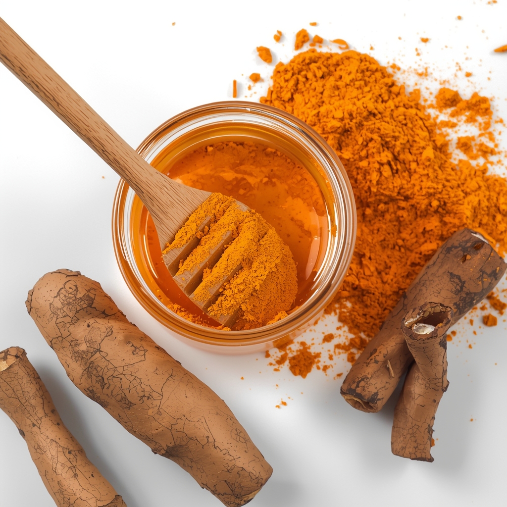 Bebida de Cúrcuma y Miel – Receta Natural de Bienestar | Bona Sanita 3 Raíz y polvo de cúrcuma con frasco de miel mostrando ingredientes antiinflamatorios naturales