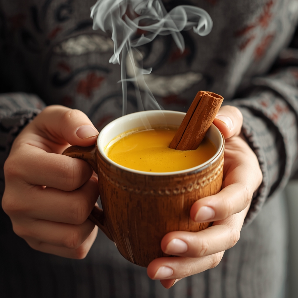 Bebida de Cúrcuma y Miel – Receta Natural de Bienestar | Bona Sanita 4 Persona sosteniendo latte de cúrcuma caliente en taza con rama de canela y vapor subiendo
