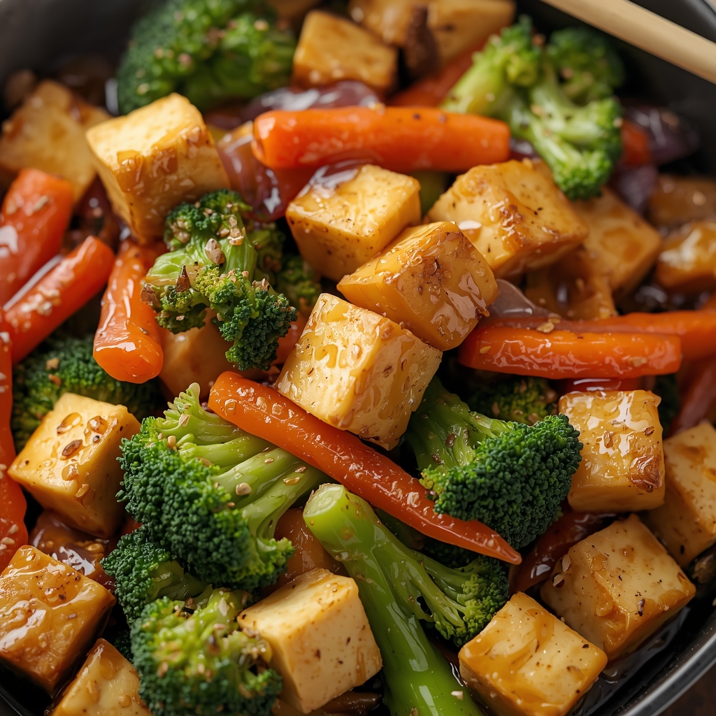 Salteado de vegetales coloridos con cubos de tofu dorados, brócoli verde brillante y zanahorias en salsa de soja sabrosa