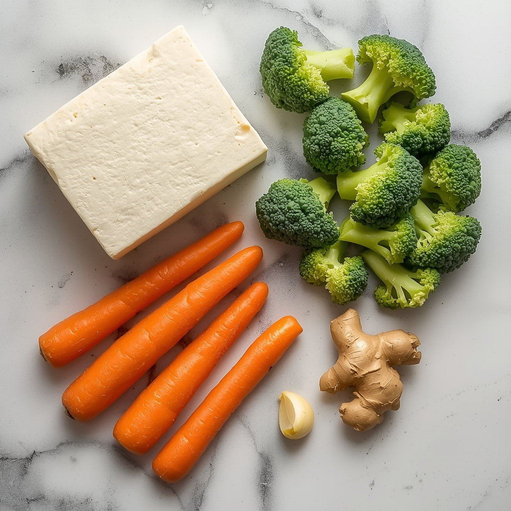 Ingredientes para salteado de tofu incluyendo bloque de tofu firme, floretes de brócoli frescos, zanahorias, ajo y jengibre
