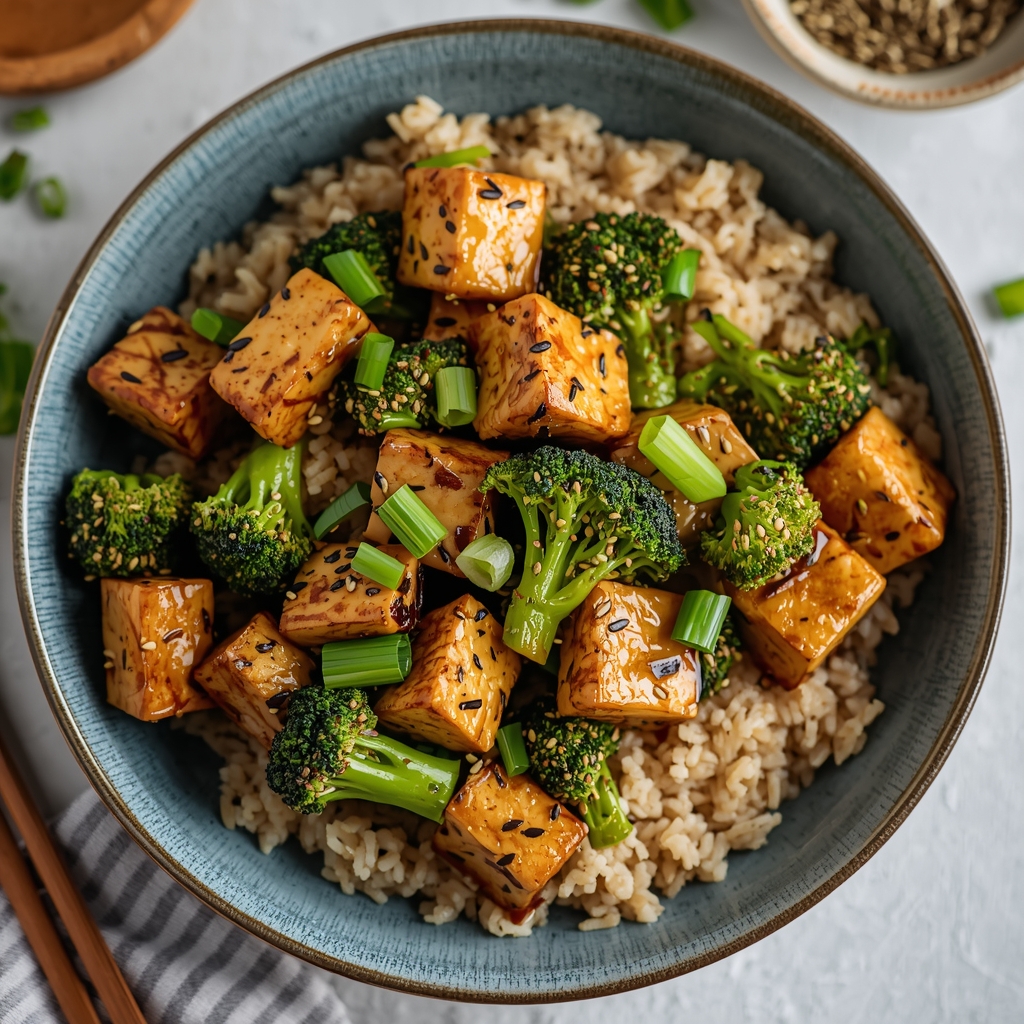 Salteado de brócoli y tofu terminado servido sobre arroz integral con semillas de sésamo y adorno de cebolletas