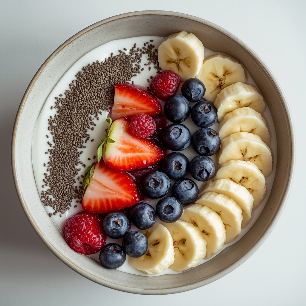 Yogur natural con frutas y semillas | Bona Sanitas 2 Tazón de yogur cubierto con bayas frescas coloridas, rodajas de plátano y semillas de chía