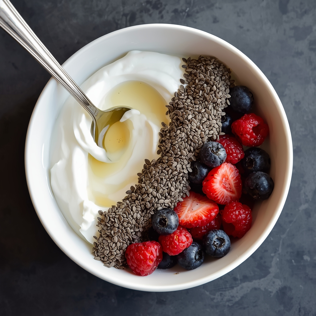 Yogur natural con frutas y semillas | Bona Sanitas 3 ogur griego en tazón blanco con bayas mezcladas, semillas de chía y chorrito de miel